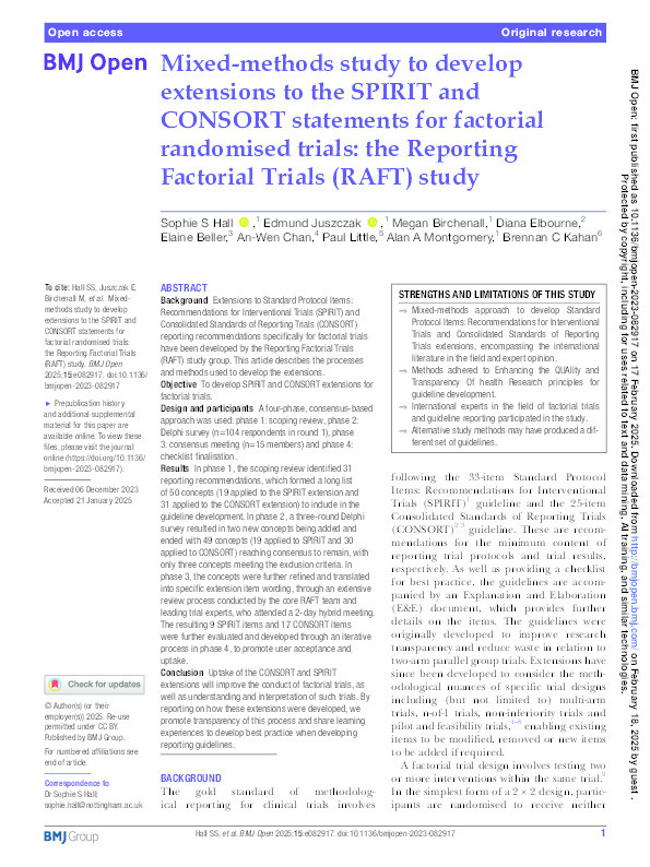 Mixed-methods study to develop extensions to the SPIRIT and CONSORT statements for factorial randomised trials: the Reporting Factorial Trials (RAFT) study Thumbnail