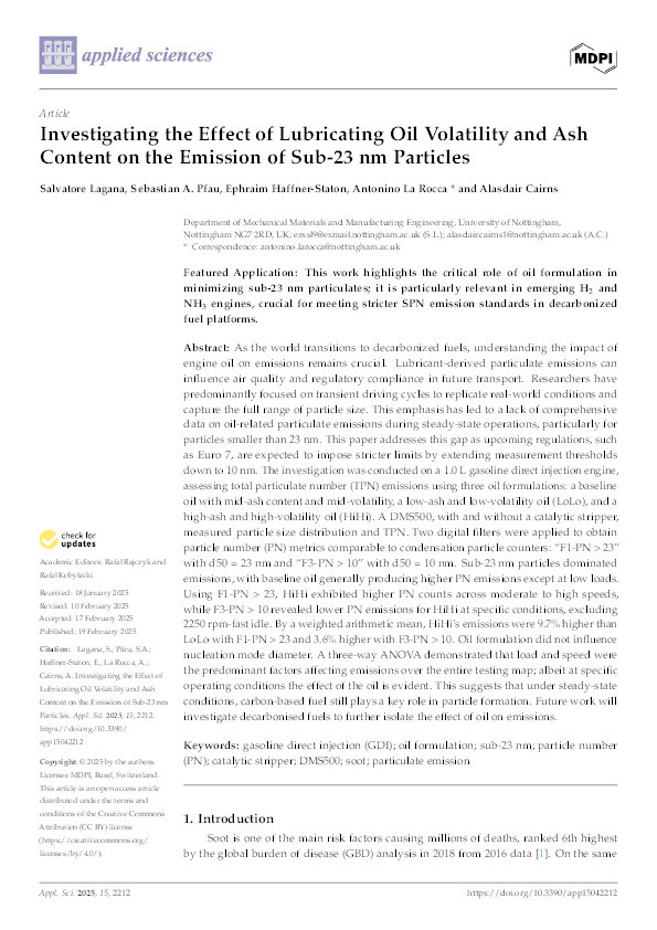 Investigating the Effect of Lubricating Oil Volatility and Ash Content on the Emission of Sub-23 nm Particles Thumbnail