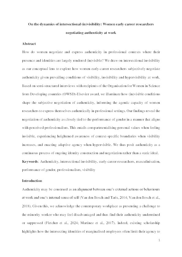 On the dynamics of intersectional (in)visibility: Women early career researchers negotiating authenticity at work Thumbnail