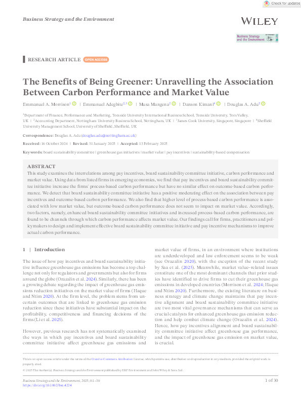 The Benefits of Being Greener: Unravelling the Association Between Carbon Performance and Market Value Thumbnail