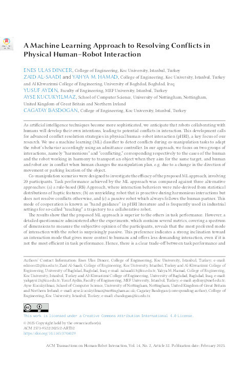 A Machine Learning Approach to Resolving Conflicts in Physical Human–Robot Interaction Thumbnail