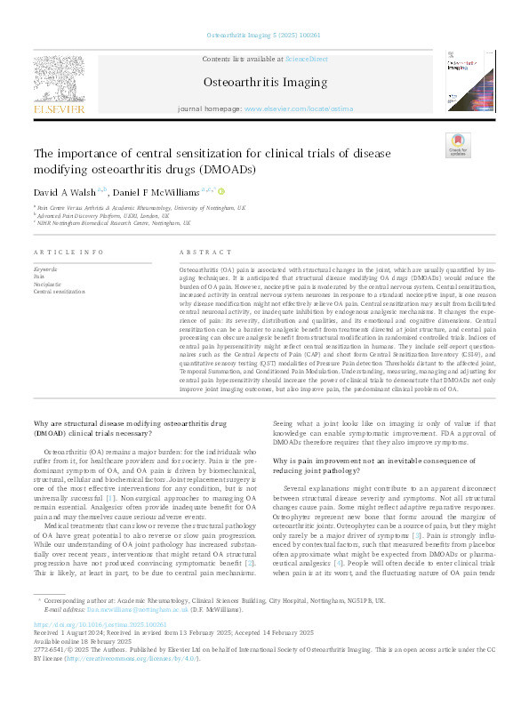 The importance of central sensitization for clinical trials of Disease Modifying Osteoarthritis drugs (DMOADs) Thumbnail