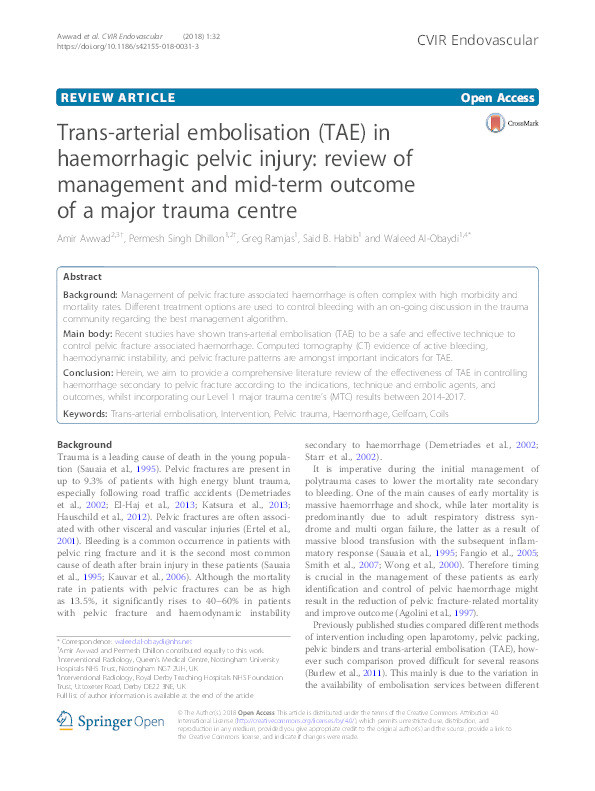 Trans-arterial embolisation (TAE) in haemorrhagic pelvic injury: review of management and mid-term outcome of a major trauma centre Thumbnail