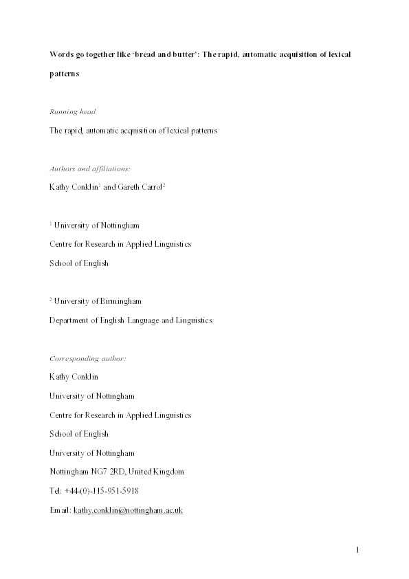 Words go together like ‘bread and butter’: The rapid, automatic acquisition of lexical patterns Thumbnail