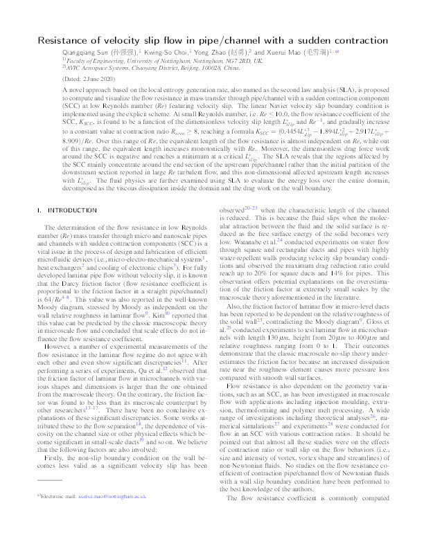 Resistance of velocity slip flow in pipe/channel with a sudden contraction Thumbnail