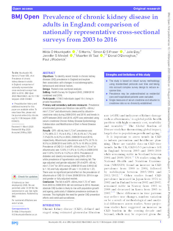 Prevalence of chronic kidney disease in adults in England: comparison of nationally representative cross-sectional surveys from 2003 to 2016 Thumbnail