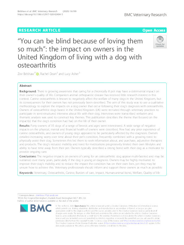 “You can be blind because of loving them so much”: the impact on owners in the United Kingdom of living with a dog with osteoarthritis Thumbnail