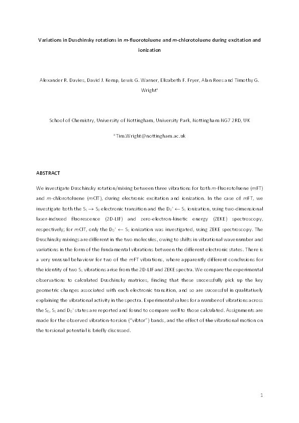 Variations in Duschinsky rotations in m-fluorotoluene and m-chlorotoluene during excitation and ionization Thumbnail