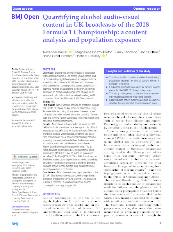 Quantifying alcohol audio-visual content in UK broadcasts of the 2018 Formula 1 Championship: a content analysis and population exposure Thumbnail