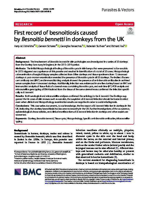First record of besnoitiosis caused by Besnoitia bennetti in donkeys from the UK Thumbnail