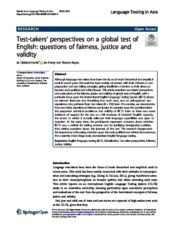 Test-takers’ perspectives on a global test of English: questions of fairness, justice and validity Thumbnail