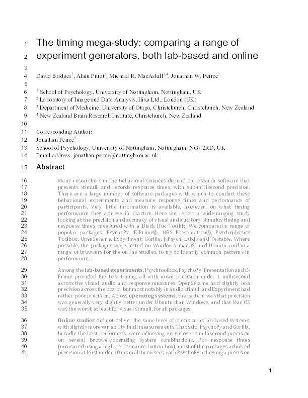 The timing mega-study: comparing a range of experiment generators, both lab-based and online Thumbnail
