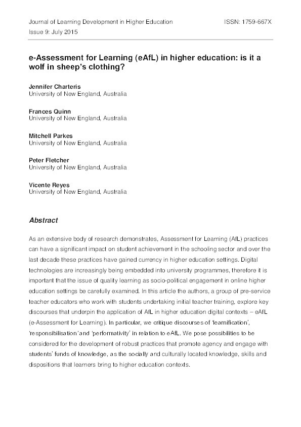 e-Assessment for Learning in Higher Education: Is it a wolf in sheep's clothing? Thumbnail