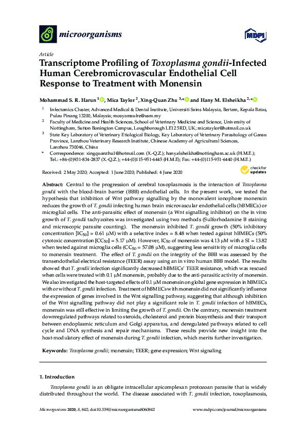 Transcriptome Profiling of Toxoplasma gondii-Infected Human Cerebromicrovascular Endothelial Cell Response to Treatment with Monensin Thumbnail