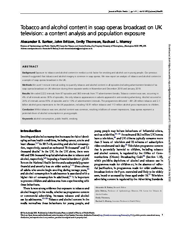 Tobacco and alcohol content in soap operas broadcast on UK television: a content analysis and population exposure Thumbnail