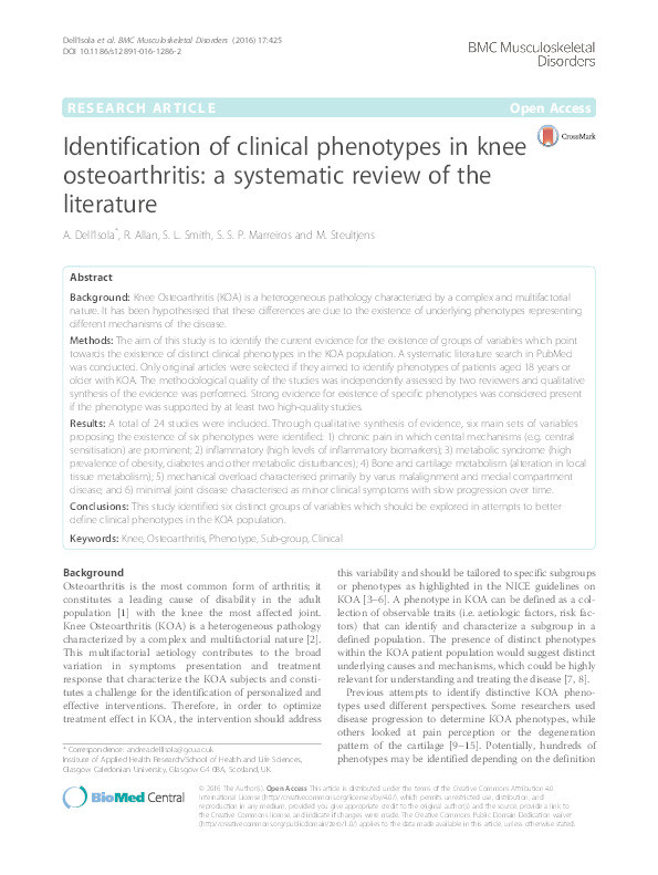 Identification of clinical phenotypes in knee osteoarthritis: a systematic review of the literature Thumbnail