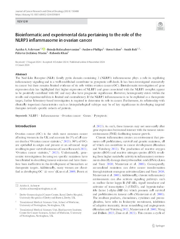 Bioinformatic and experimental data pertaining to the role of the NLRP3 inflammasome in ovarian cancer Thumbnail