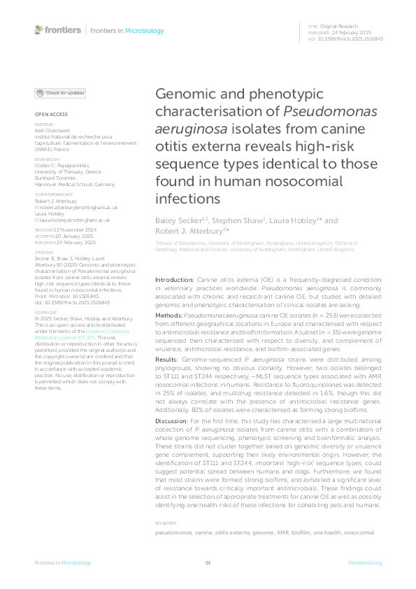 Genomic and phenotypic characterisation of Pseudomonas aeruginosa isolates from canine otitis externa reveals high-risk sequence types identical to those found in human nosocomial infections Thumbnail