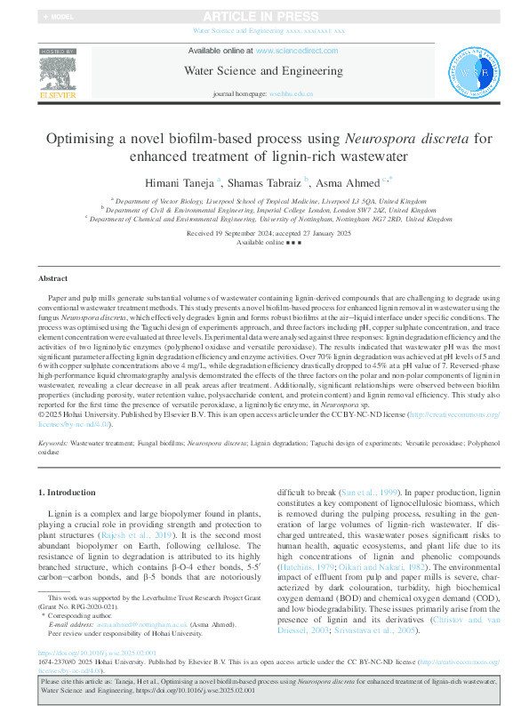 Optimising a novel biofilm-based process using Neurospora discreta for enhanced treatment of lignin-rich wastewater Thumbnail