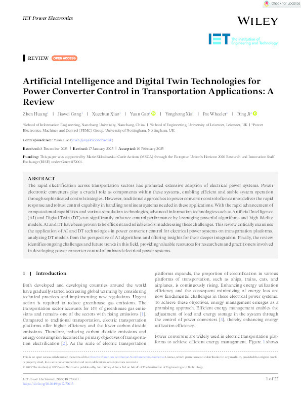 Artificial Intelligence and Digital Twin Technologies for Power Converter Control in Transportation Applications: A Review Thumbnail