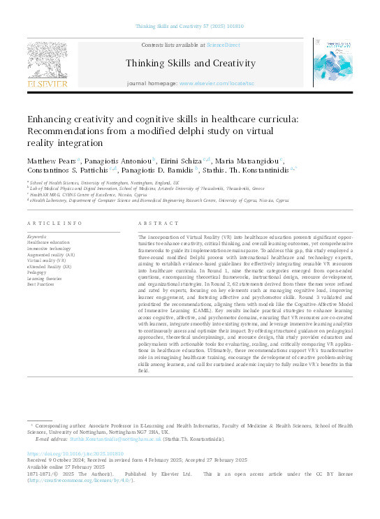 Enhancing Creativity and Cognitive Skills in Healthcare Curricula: Recommendations from a Modified Delphi Study on Virtual Reality Integration Thumbnail