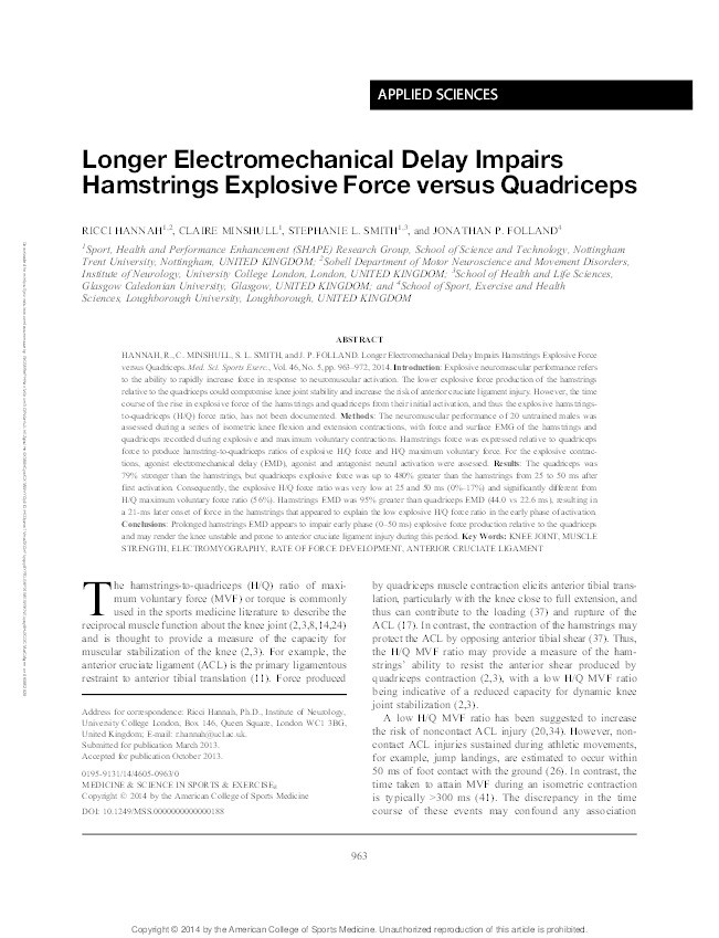 Longer Electromechanical Delay Impairs Hamstrings Explosive Force versus Quadriceps Thumbnail