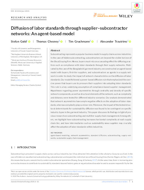 Diffusion of labor standards through supplier–subcontractor networks: An agent‐based model Thumbnail