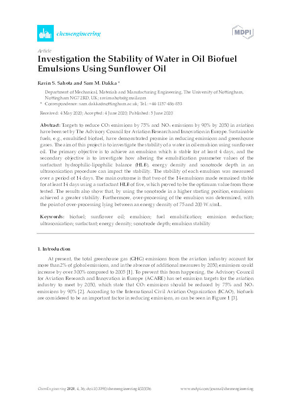 Investigation the Stability of Water in Oil Biofuel Emulsions Using Sunflower Oil Thumbnail