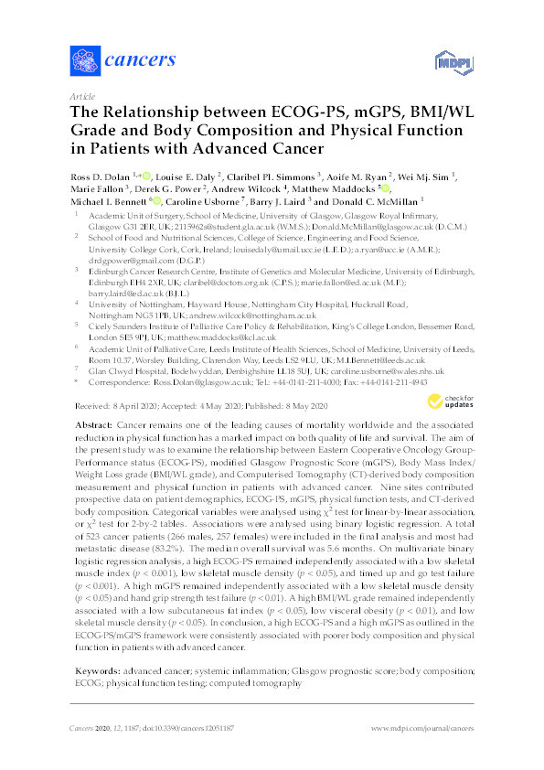 The relationship between ECOG-PS, mGPS, BMI/WL grade and body composition and physical function in patients with advanced cancer Thumbnail