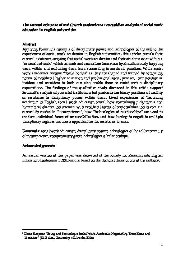 The carceral existence of social work academics: a Foucauldian analysis of social work education in English universities Thumbnail