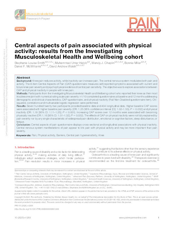 Central aspects of pain associated with physical activity: results from the Investigating Musculoskeletal Health and Wellbeing cohort Thumbnail