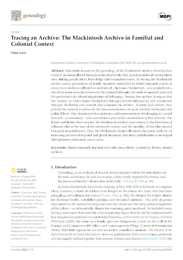 Tracing an Archive: The Mackintosh Archive in Familial and Colonial Context Thumbnail
