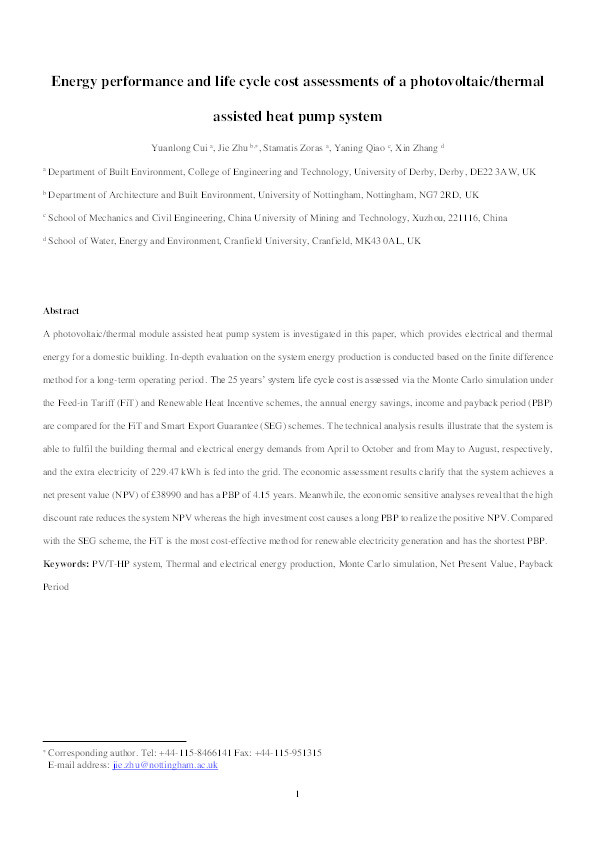 Energy performance and life cycle cost assessments of a photovoltaic/thermal assisted heat pump system Thumbnail