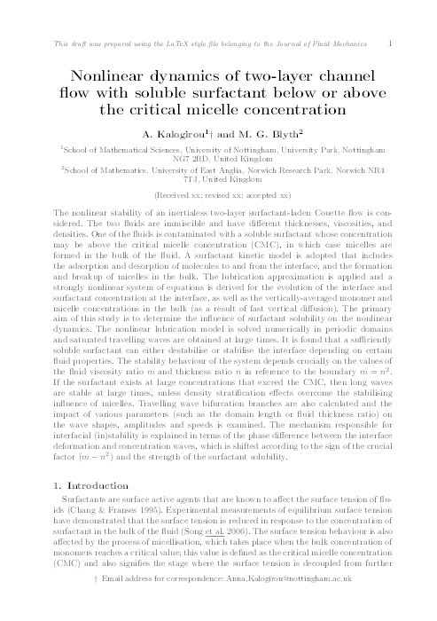 Nonlinear dynamics of two-layer channel flow with soluble surfactant below or above the critical micelle concentration Thumbnail