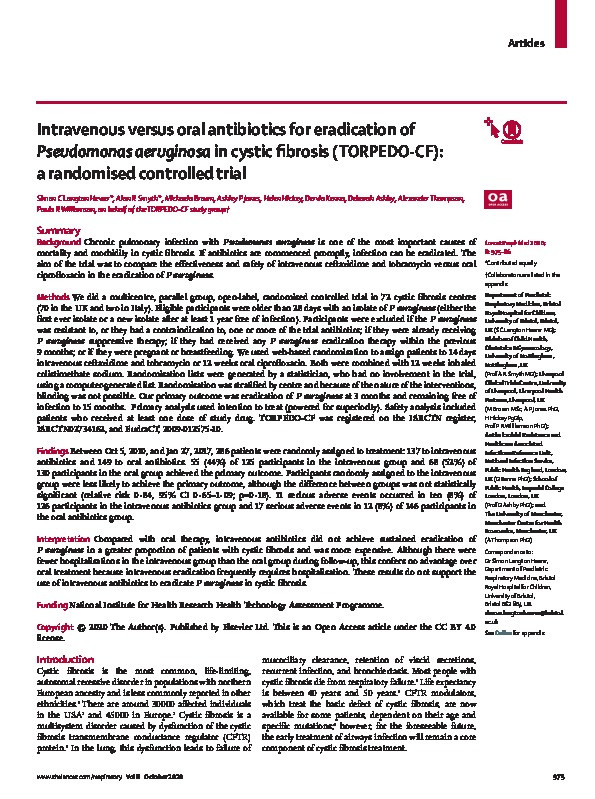 Intravenous versus oral antibiotics for eradication of Pseudomonas aeruginosa in cystic fibrosis (TORPEDO-CF): a randomised controlled trial Thumbnail