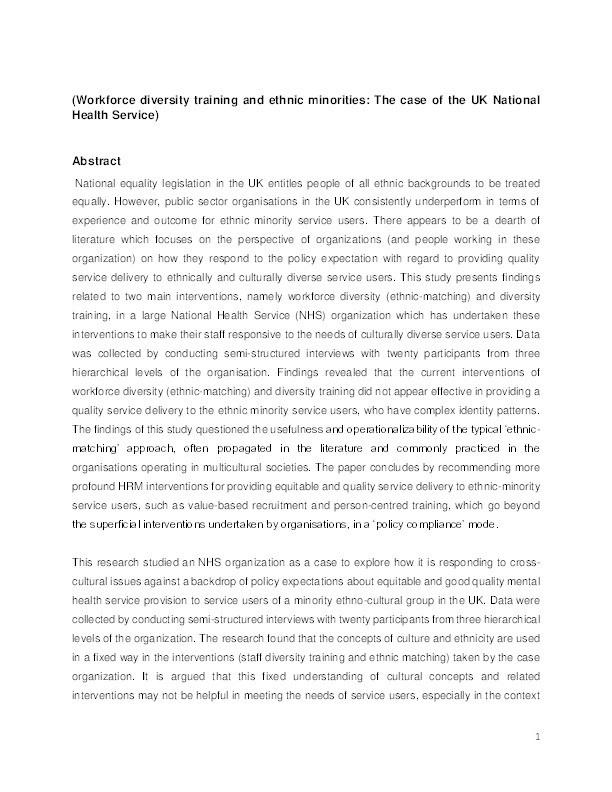 Workforce diversity, diversity training and ethnic minorities: The case of the UK National Health Service Thumbnail