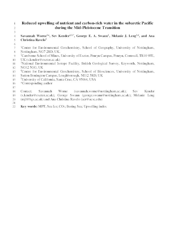 Reduced upwelling of nutrient and carbon-rich water in the subarctic Pacific during the Mid-Pleistocene Transition Thumbnail