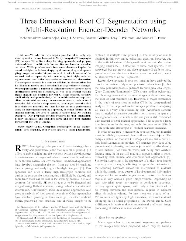 Three Dimensional Root CT Segmentation Using Multi-Resolution Encoder-Decoder Networks Thumbnail