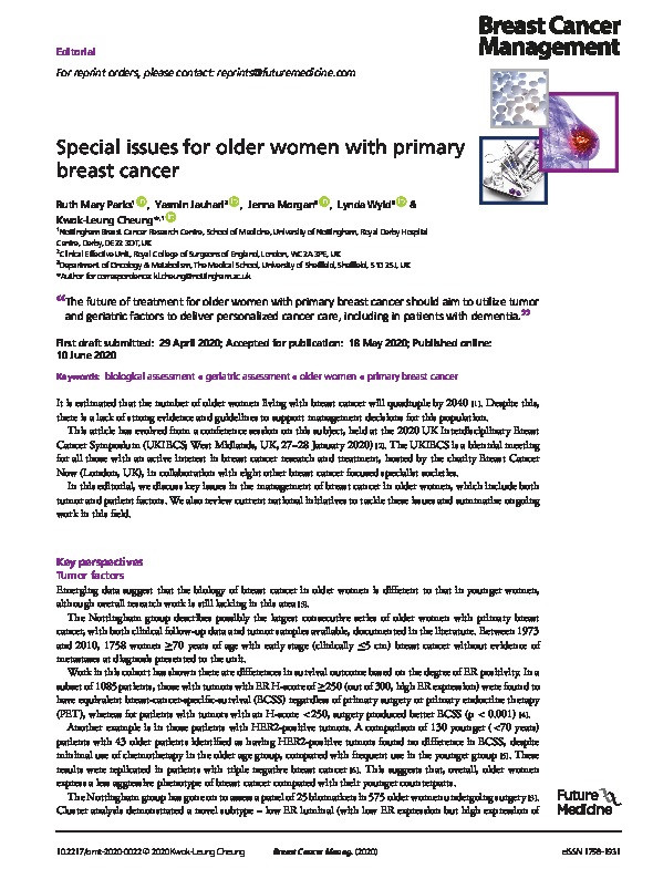 Special issues for older women with primary breast cancer Thumbnail