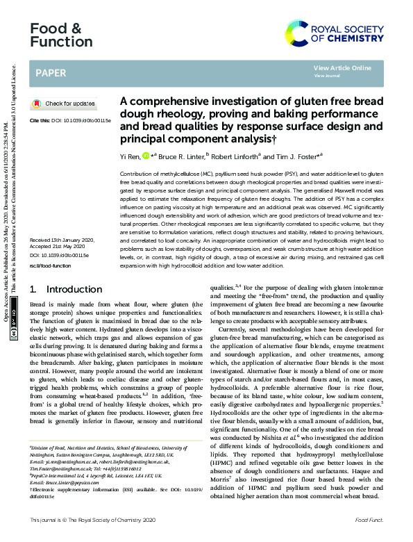 A comprehensive investigation of gluten free bread dough rheology, proving and baking performance and bread qualities by response surface design and principal component analysis Thumbnail