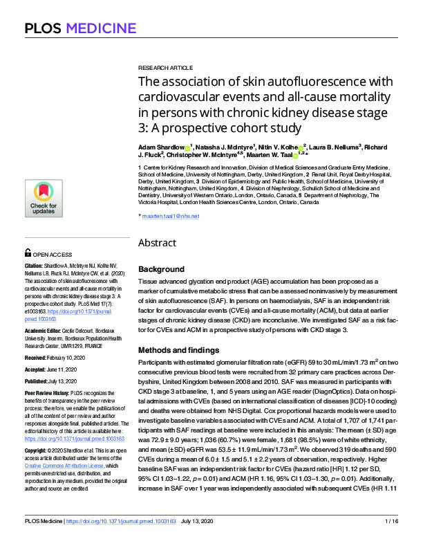 The association of skin autofluorescence with cardiovascular events and all-cause mortality in persons with chronic kidney disease stage 3: A prospective cohort study Thumbnail