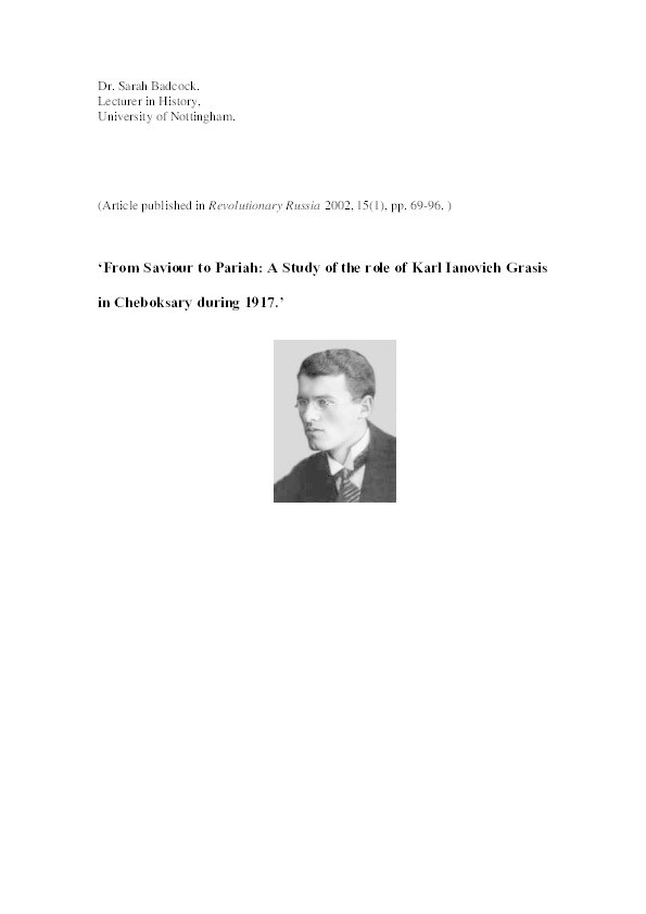 From saviour to Pariah: A study of the role of Karl Ianovich Grasis in Cheboksary during 1917 Thumbnail