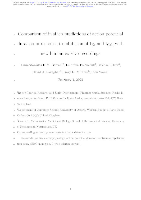 Comparison of in silico predictions of action potential duration in response to inhibition of IKrand ICaLwith new human ex vivo recordings Thumbnail