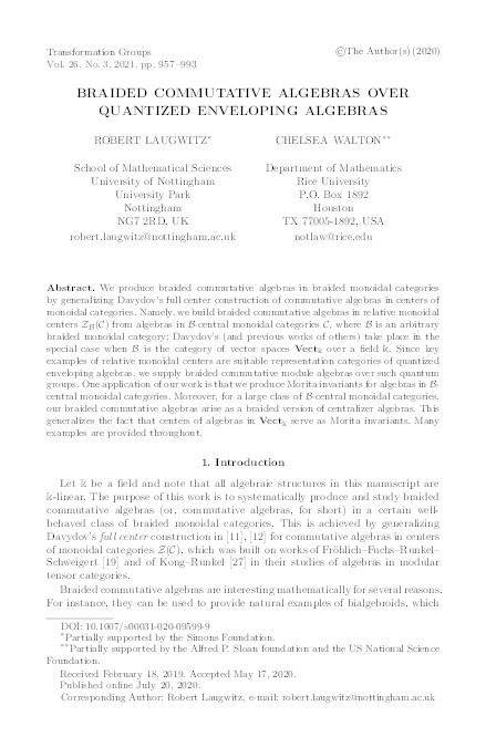 Braided commutative algebras over quantized enveloping algebras Thumbnail