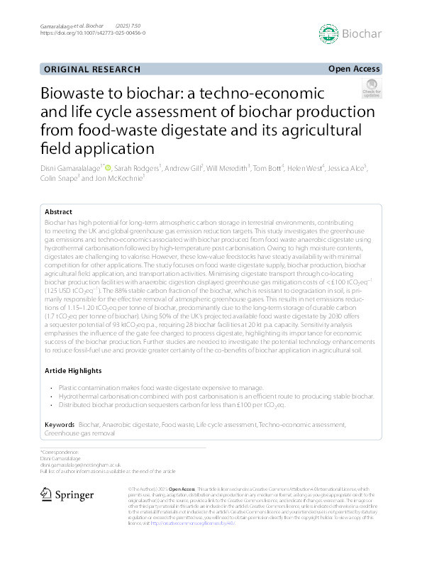 Biowaste to biochar: a techno-economic and life cycle assessment of biochar production from food-waste digestate and its agricultural field application Thumbnail