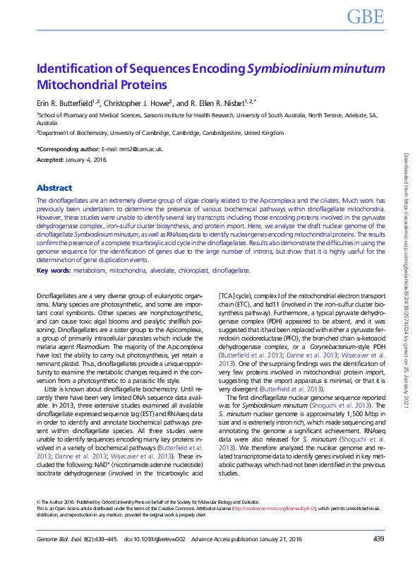 Identification of Sequences Encoding Symbiodinium minutum Mitochondrial Proteins Thumbnail