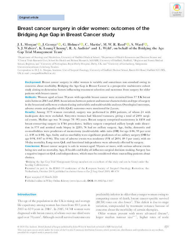 Breast cancer surgery in older women: outcomes of the Bridging Age Gap in Breast Cancer study Thumbnail