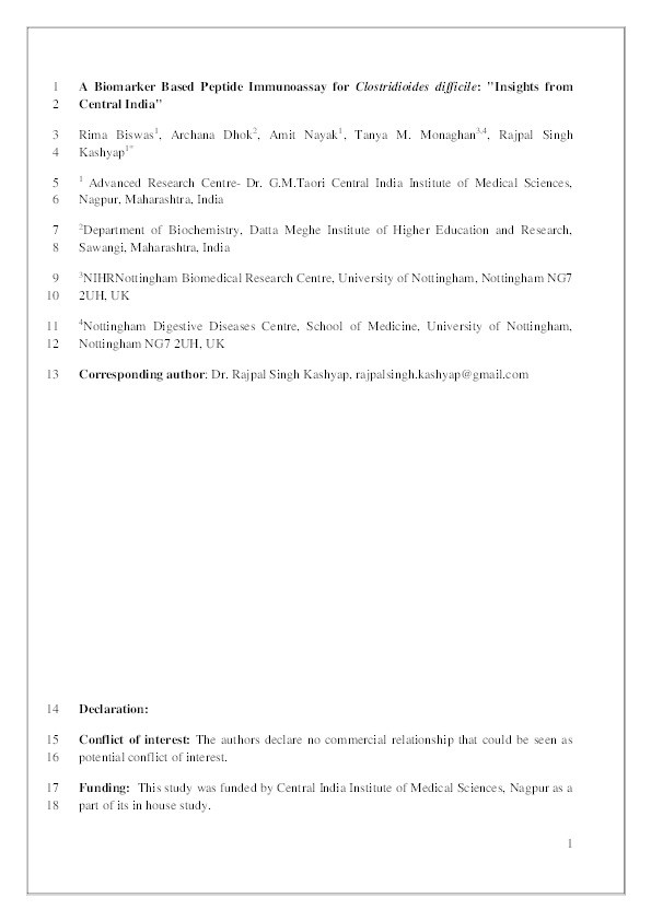 A Biomarker Based Peptide Immunoassay for Clostridioides difficile: “Insights from Central India” Thumbnail