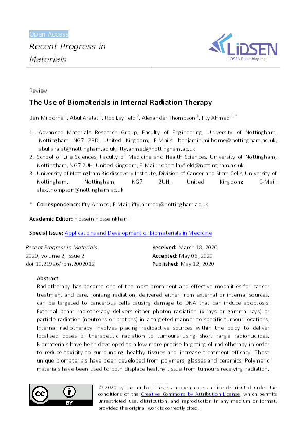 The Use of Biomaterials in Internal Radiation Therapy Thumbnail