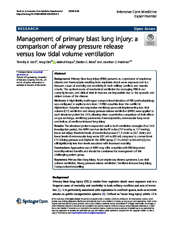 Management of primary blast lung injury: a comparison of airway pressure release versus low tidal volume ventilation Thumbnail